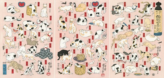 Grabado gatos imitando las 53 estaciones del Tokaido